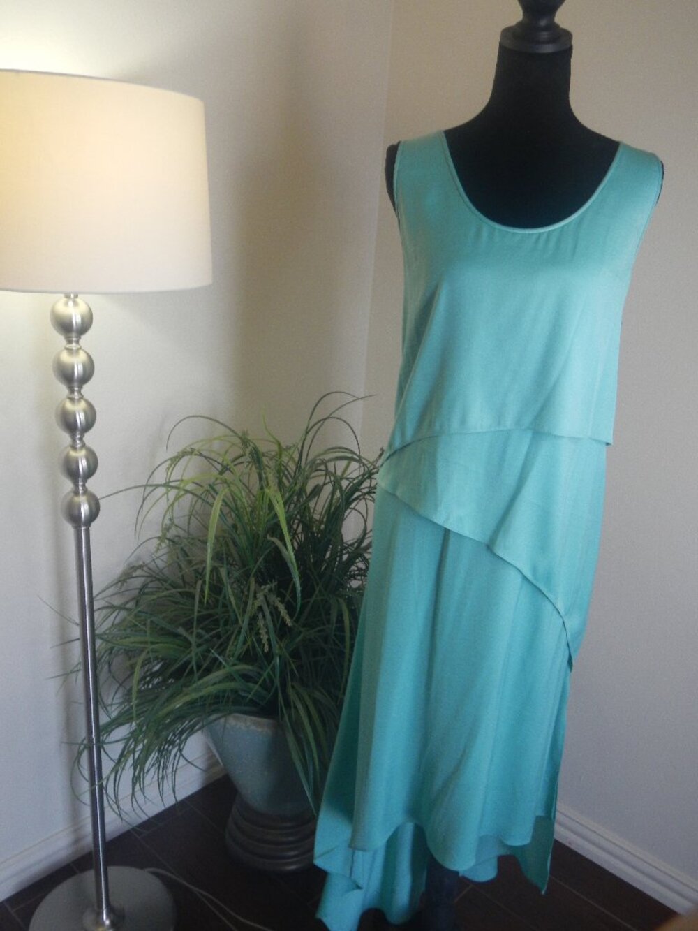 BCBG Max Azria Aqua Blue Flowy Midi Dress Layered Asymmetrical Elegant Size M